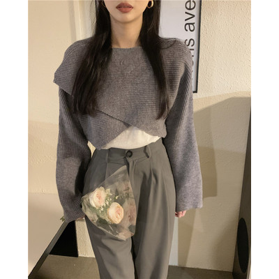 Korean style chic short loose and thin pullover knitted sweater women's apricot sweater coat 2022 autumn and winter new tops