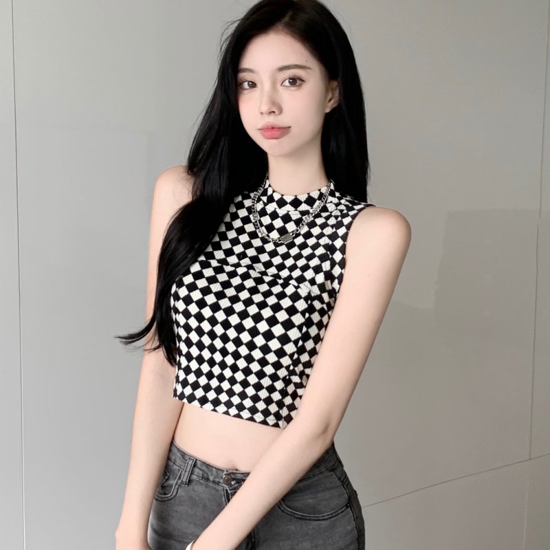 Vintage and versatile Plaid zebra round neck sleeveless vest short open navel bottomed shirt women's top