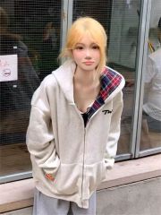 Women's Loose Zip-Up Hooded Sweatshirt Outerwear, 2024 Early Autumn New American Retro Tartan, Suitable for Spring and Autumn Seasons