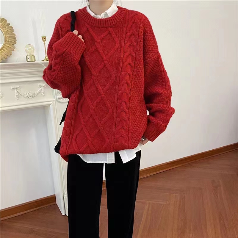 Cheerilee red Japanese sweater women's autumn and winter lazy wind pullover loose New Year's thick twist knitted outer layer