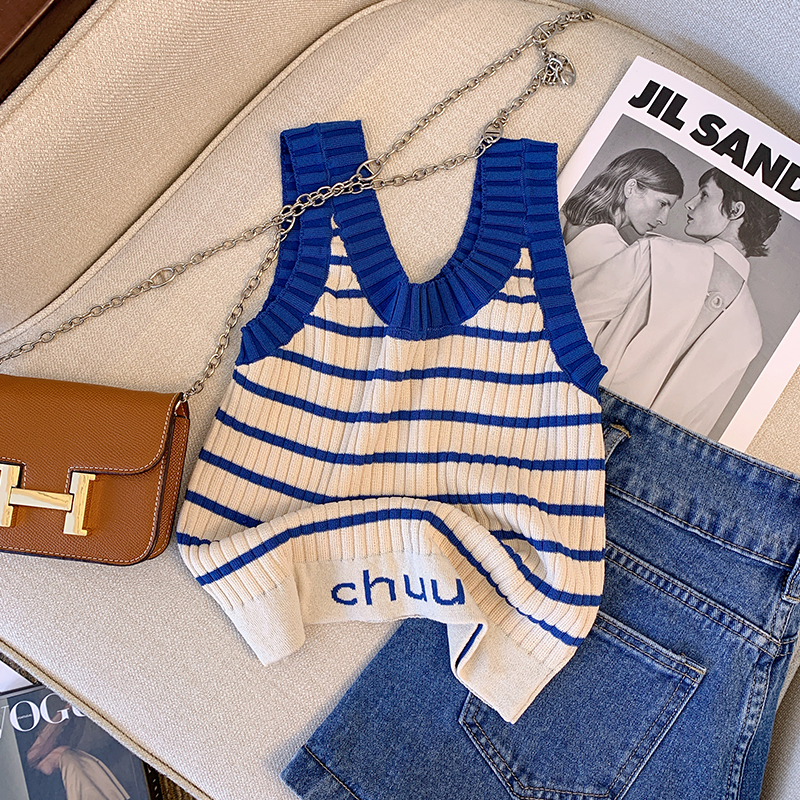 French stripe contrast color small fragrant wind knit sleeveless jacket female 2022 summer senior gas outside wear sling vest