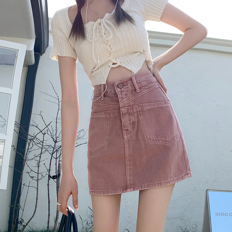 Real price real price denim short skirt female A word high waist 2023 spring and summer new design sense of thin skirt