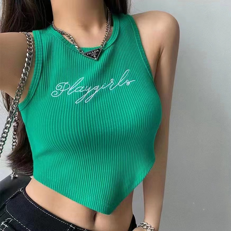 2023 spring and summer new Korean version gentle wind round neck letter embroidery irregular knitted top camisole female