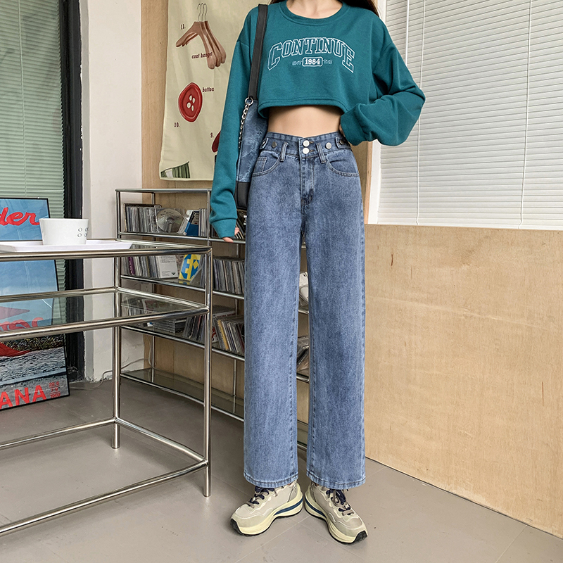 Real price ~ Blue high waist jeans women's autumn versatile design, loose and thin straight pants