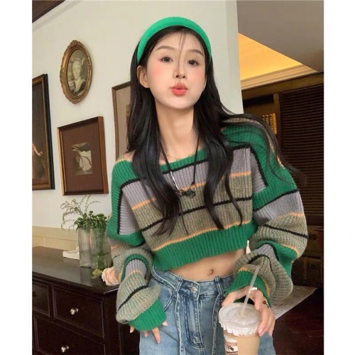 Korean retro green striped sweater women's autumn 2022 new style lazy loose short cropped navel pullover top