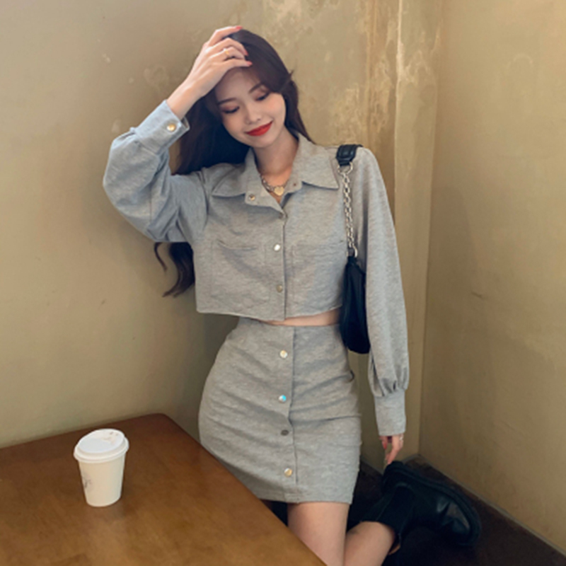 Net red autumn new casual grey short top high waist skirt set women's short coat skirt two-piece set