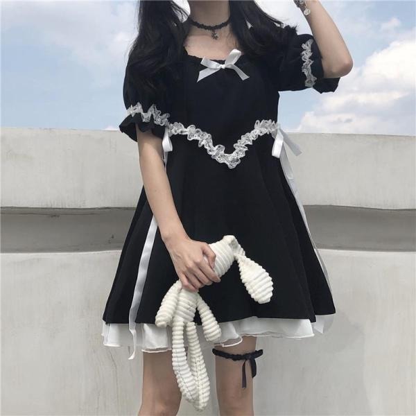 Summer new female students loose and thin, foreign style, black bubble sleeve Lolita Dress