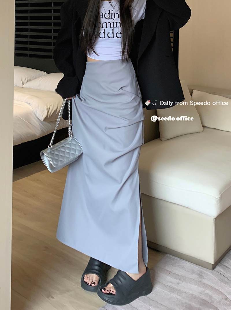 High-waisted slimming black design skirt niche pleated side slit mid-length a-line skirt
