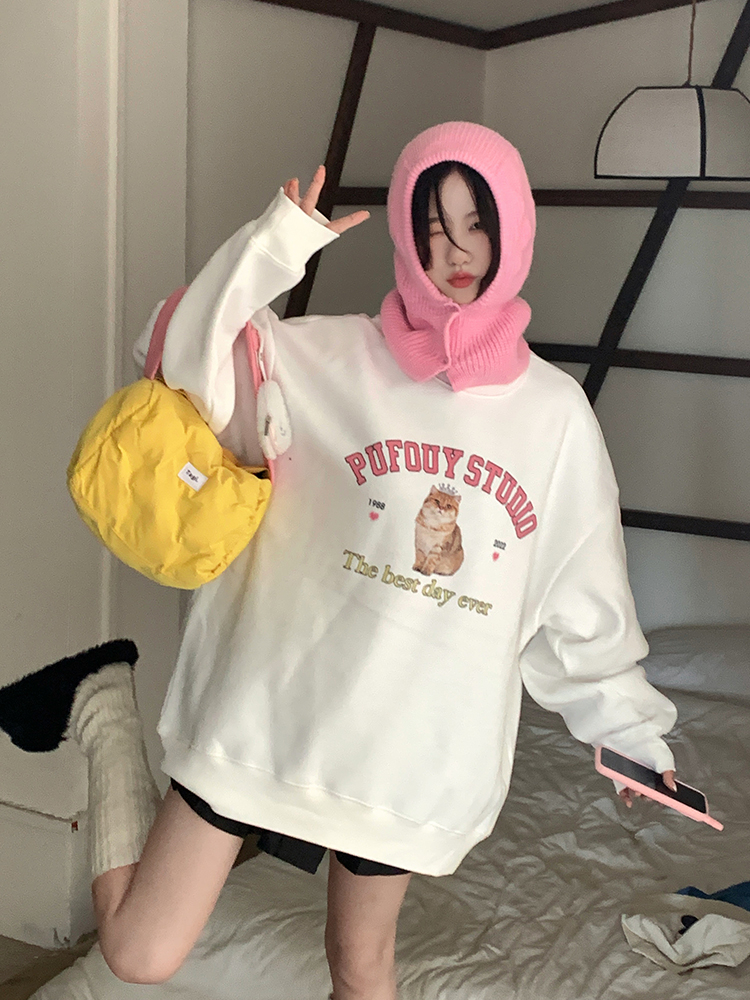 Official picture big fish scale 260g thin sweater women's round neck print rear bag loose autumn long-sleeved top
