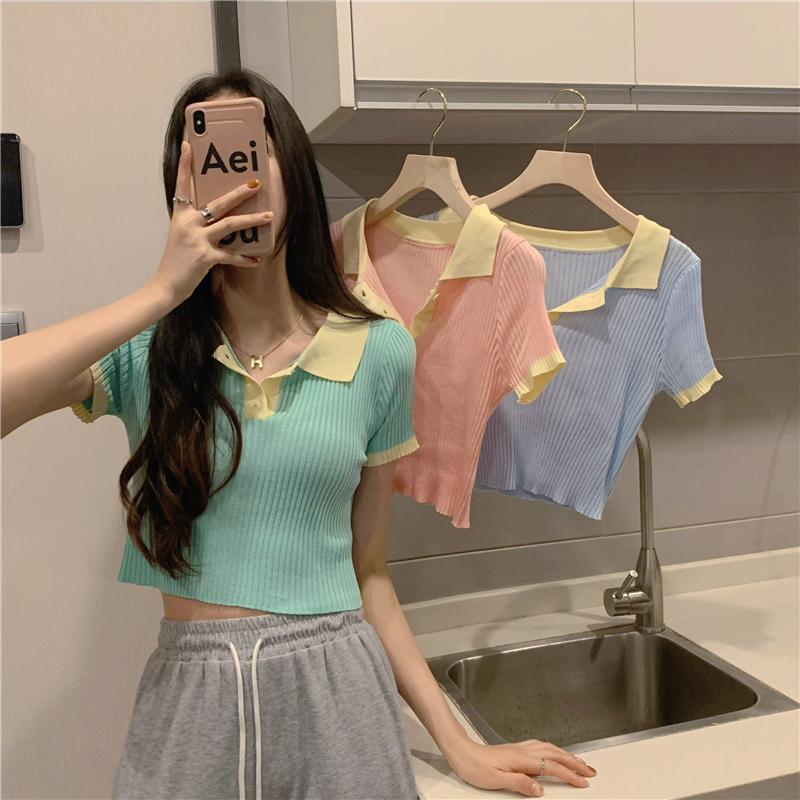 Real shooting real price splicing contrast polo collar design sense short sleeve short knit bottomed shirt T-shirt women's top