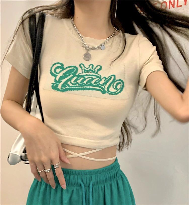 2023 summer new whirlwind girl letter jacquard high waist strappy short-sleeved top women