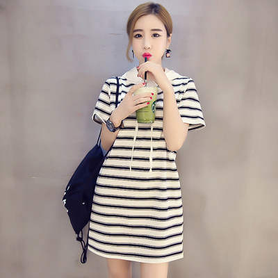 New summer hooded short sleeve women's dress T-shirt skirt stripe medium length