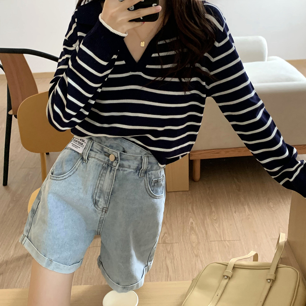 Real price early autumn fashion collar stripe knitted long sleeve top Korean loose and versatile collar