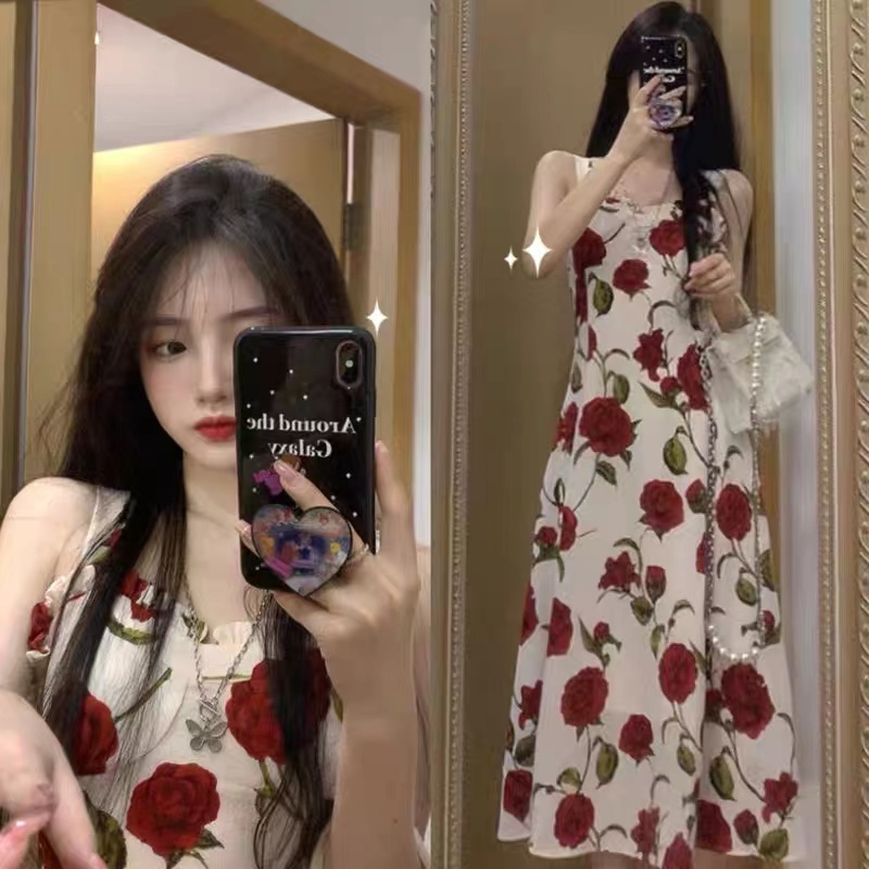 French style gentle wind rose print suspender dress women's summer new pure desire wind waist slimming a-line skirt
