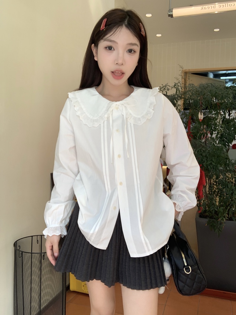 Photographed~ French retro lace edge long sleeve white shirt with baby collar tie waist loose top