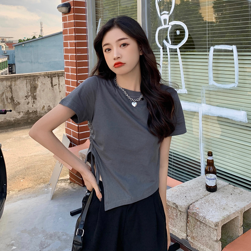 Versatile hem irregular slit short-sleeved T-shirt slim fit slimming top for women trendy