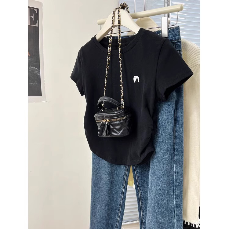 Official picture 1*1 threaded 210g short-sleeved T-shirt 2024 women's summer Korean version embroidered slim short right shoulder round neck top