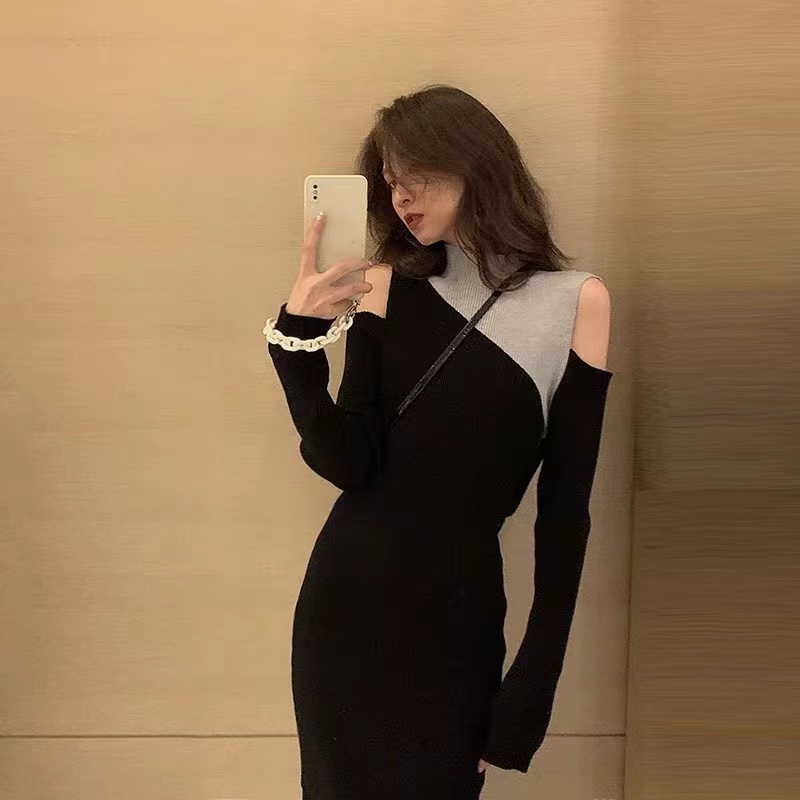 Hepburn style annual meeting dress off shoulder bottomed with black dress inside, Royal sister dress, high-grade sense, long skirt, female autumn and winter