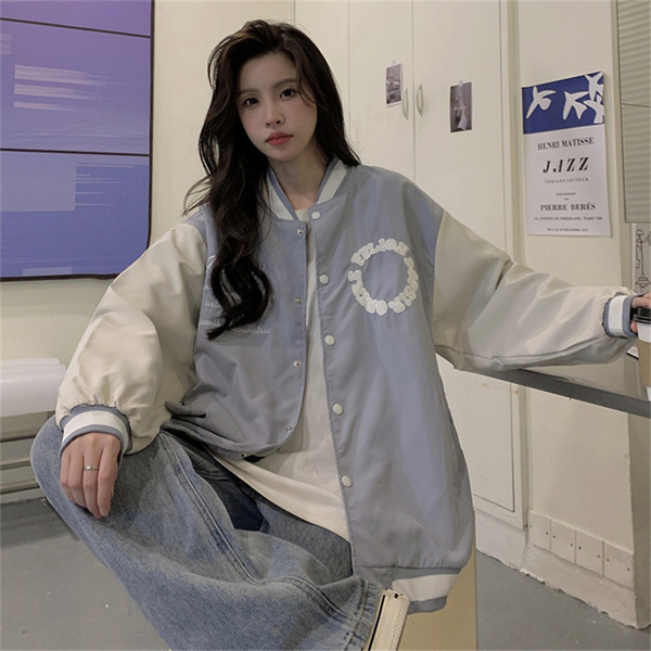 Double layer real shooting 2021 autumn Baseball Jacket Women's milk blue loose top