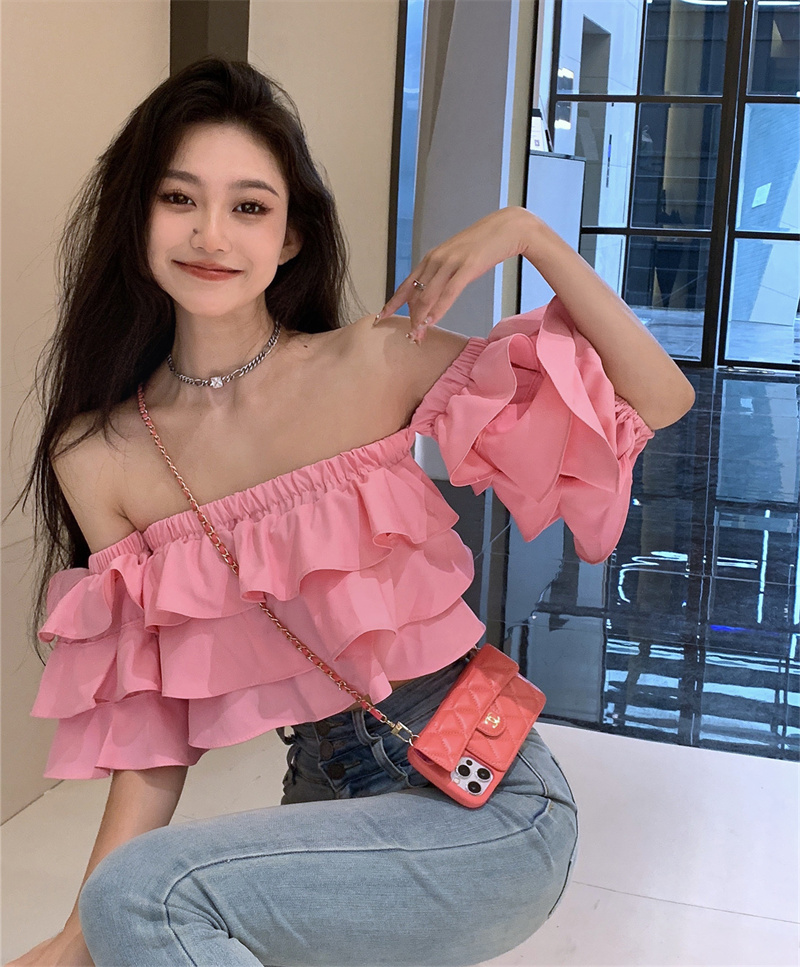 Real price summer pure desire wind one line collar elastic off shoulder layers of Ruffle short sleeve shirt blouse women