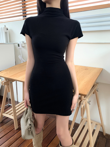Real shot  spring and summer new minimalist and beautiful tight-fitting half-high collar bottoming short-sleeved dress