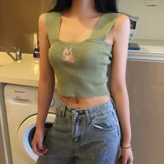 Kitty embroidery girl's heart wear thick shoulder belt, sleeveless, navel exposed, high waisted sweater, suspender shirt, thin waistcoat