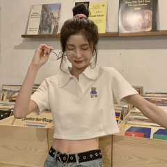 Bear T-shirt women's new summer short sleeve high waist open navel short collar