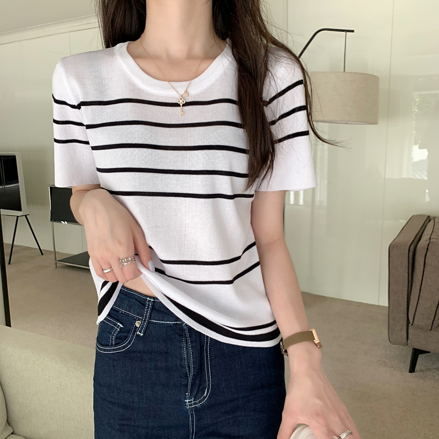 Real price summer new color contrast stripe round neck short sleeve sweater women's top