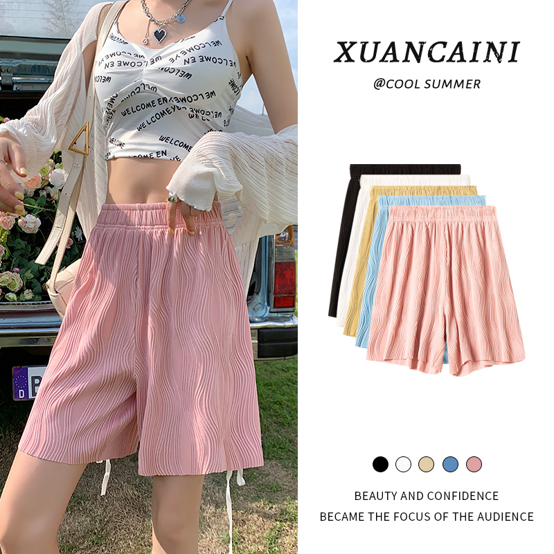 Wavy pattern wide-leg shorts women's summer high waist drape loose straight casual pants texture cool pants