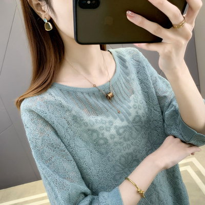 Early spring new women's summer 7 / 4 sleeve top hollow knitting bottom coat loose thin ice silk air conditioning shirt