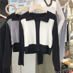 South Korea East Gate autumn dress 2020 new slim short Knitted Top Women's cardigan Long Sleeve Polo neck T-shirt