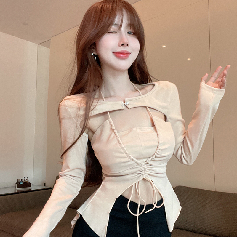 Real shot real price halter neck lace-up vest long-sleeved blouse temperament two-piece top
