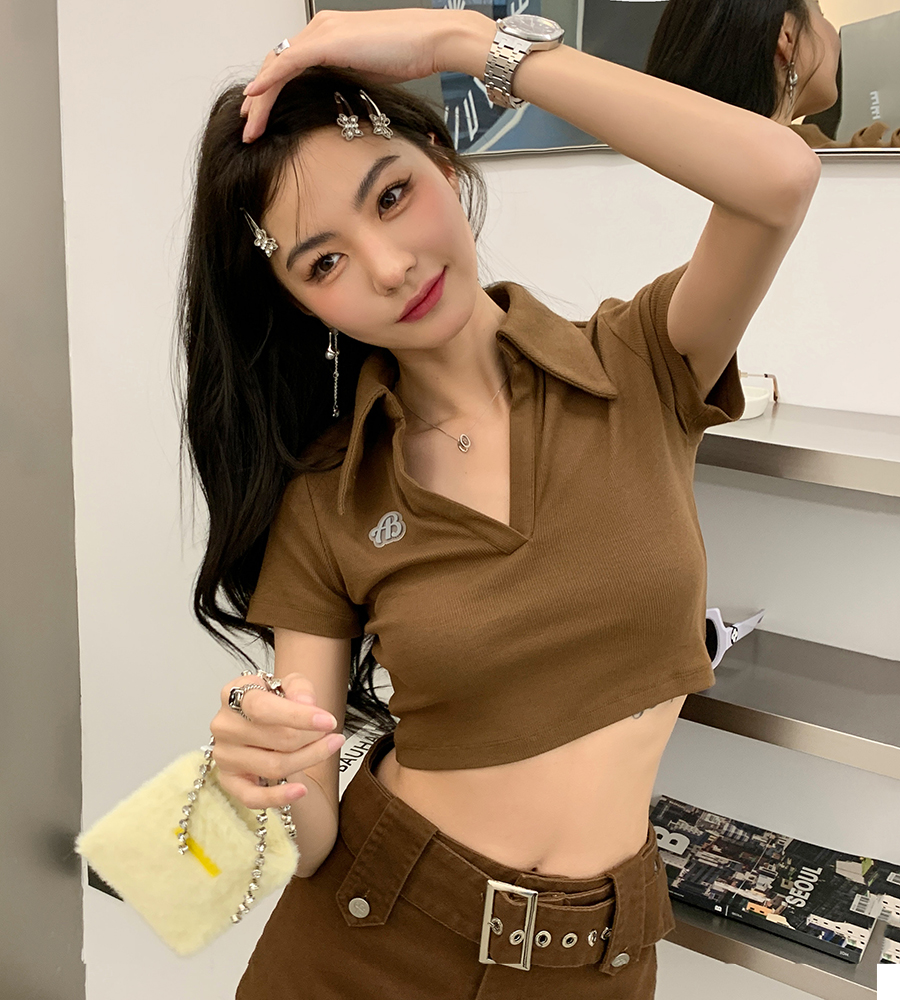 Real shooting of spring clothes new American retro Spice Girl collar short sleeve shirt high waist slim fit fashion summer