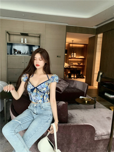 Real photo real price one word shoulder flower suspender short blouse for women in summer