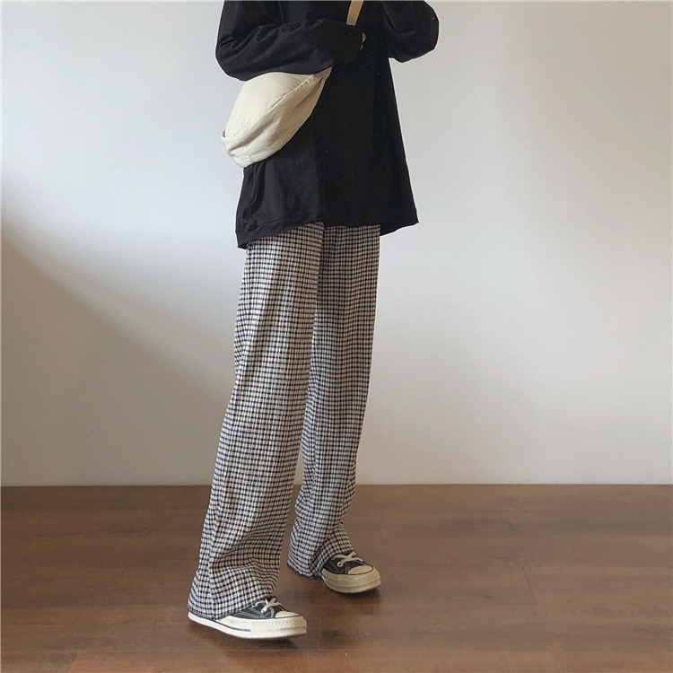 2023春夏黑白格子褲女高腰垂感直筒闊腿褲子