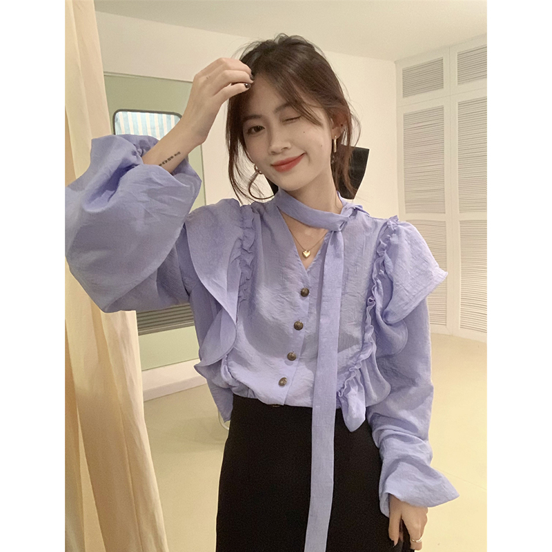 French niche lantern sleeve shirt women's autumn 2022 new design sense lace chic long-sleeved top