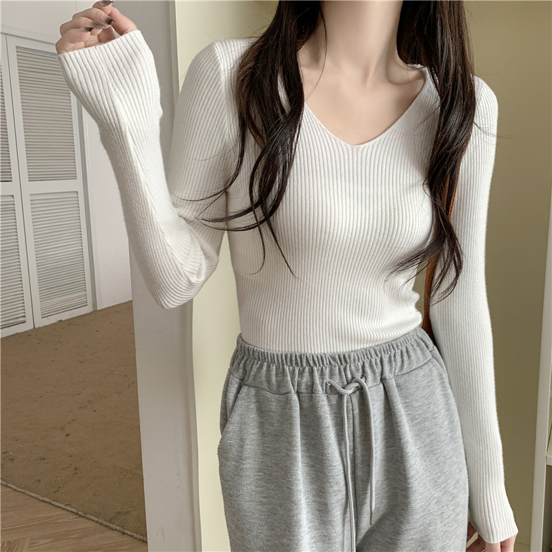 Real shooting real price Slim V-neck long-sleeved bottoming knitted sweater top sweater women's inner wear