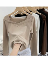 De Velvet bottoming shirt women's autumn and winter new design sense niche square collar irregular brushed western style slim inner top