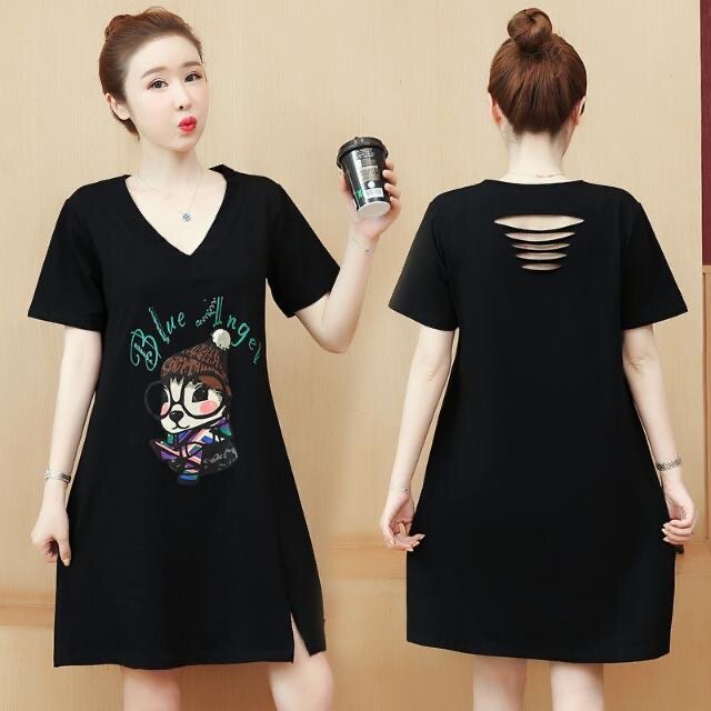 Belly-covering plus size women's loose V-neck dress summer new cartoon print skirt ripped short-sleeved T-shirt trendy
