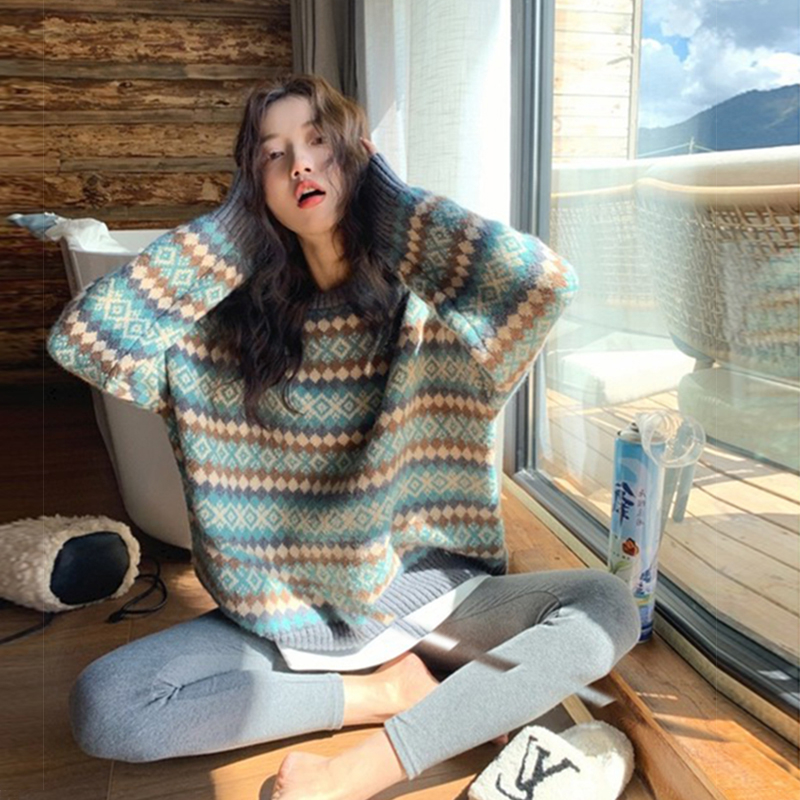 Retro jacquard 2022 autumn and winter new lazy pullover sweater women