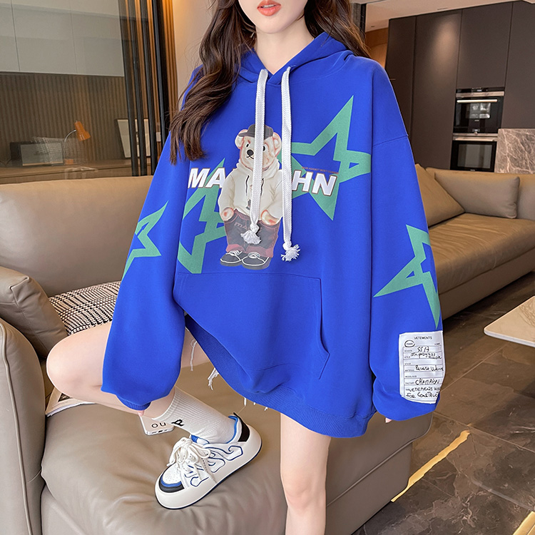 Real shot spring 280g twill 100 polyester fiber loose large size five-pointed star print hooded sweater