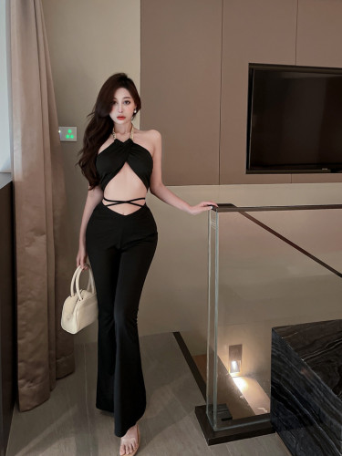 Real shot ~ Spice Girl Hong Kong Style Sexy suit two-piece set short hanging neck open waist Top + lace up low waist casual pants women