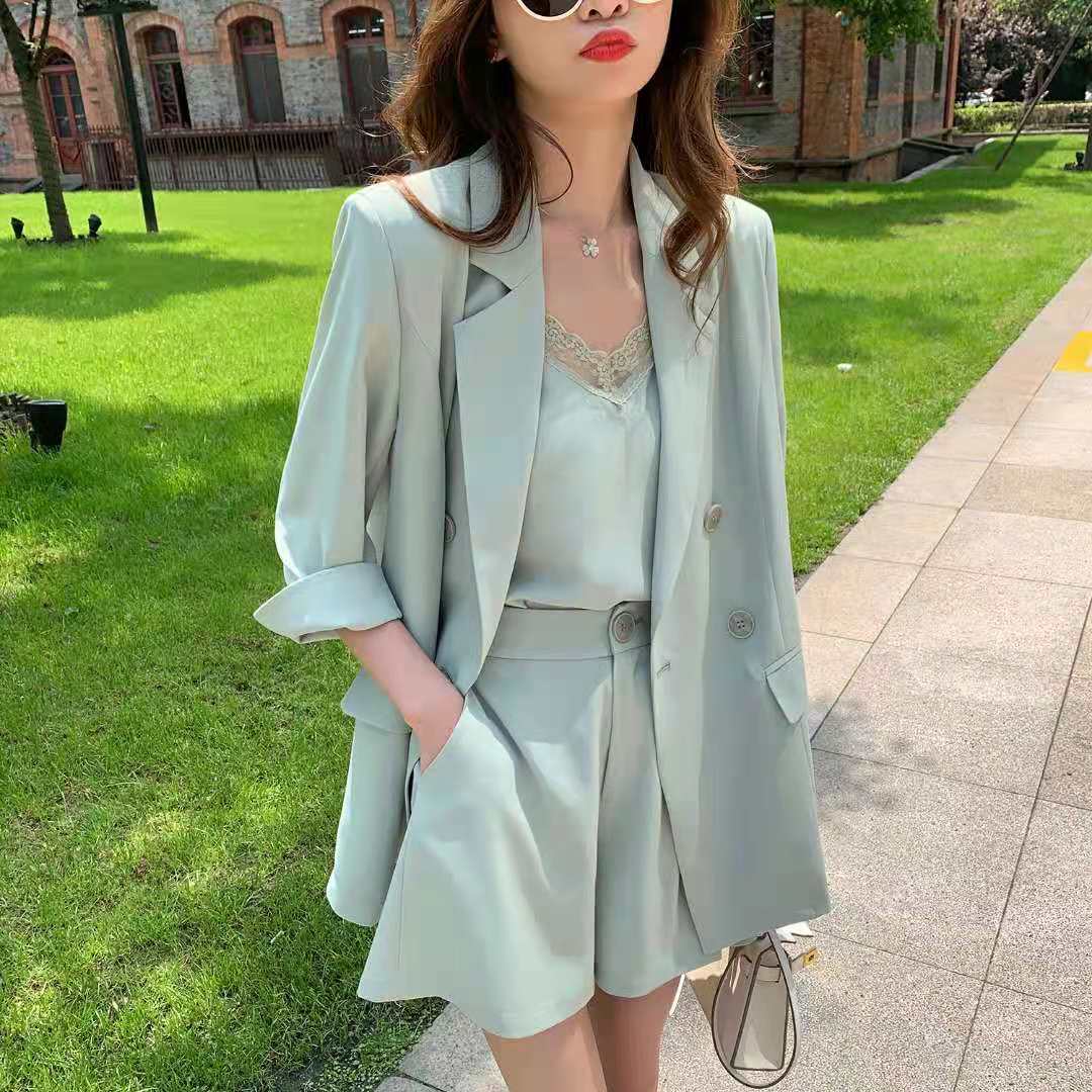 Korean three piece suit jacket with suspenders and shorts