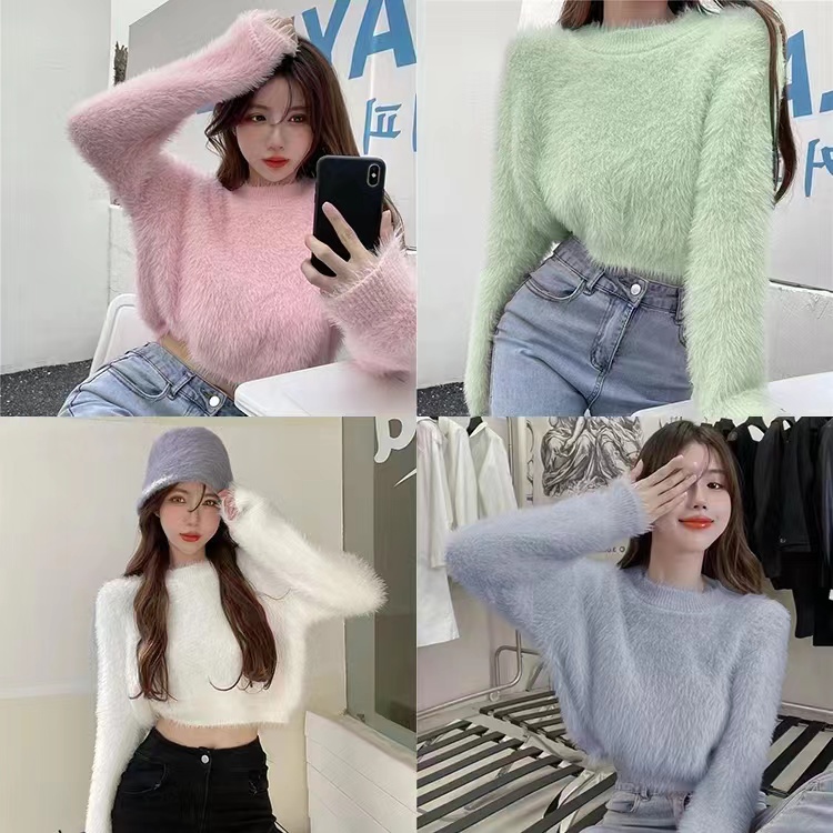 6 Colors Soft Imitation Mink Sweater 2022 New Lazy Wind Loose Short Knit Top