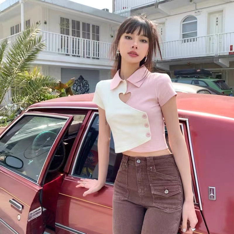 Hollow out love color contrast polo shirt female spring and summer Korean 2022 new sweet and spicy slim short sleeved top