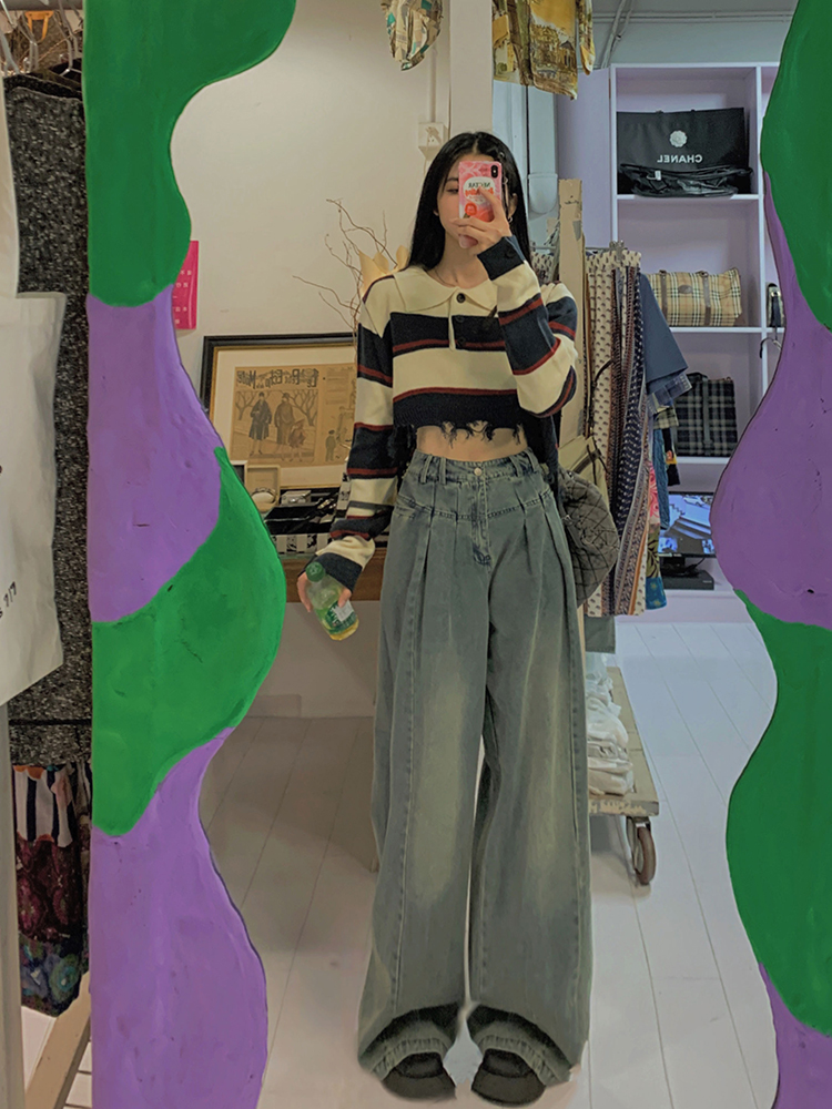 Spring and Autumn New Retro Straight Jeans Women's Waist Squeeze Loose and Thin Casual All-match Wide-leg Pants