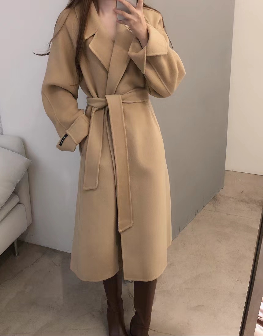 Size has been updated chic winter French strap tweed coat women slimming temperament long woolen coat 
