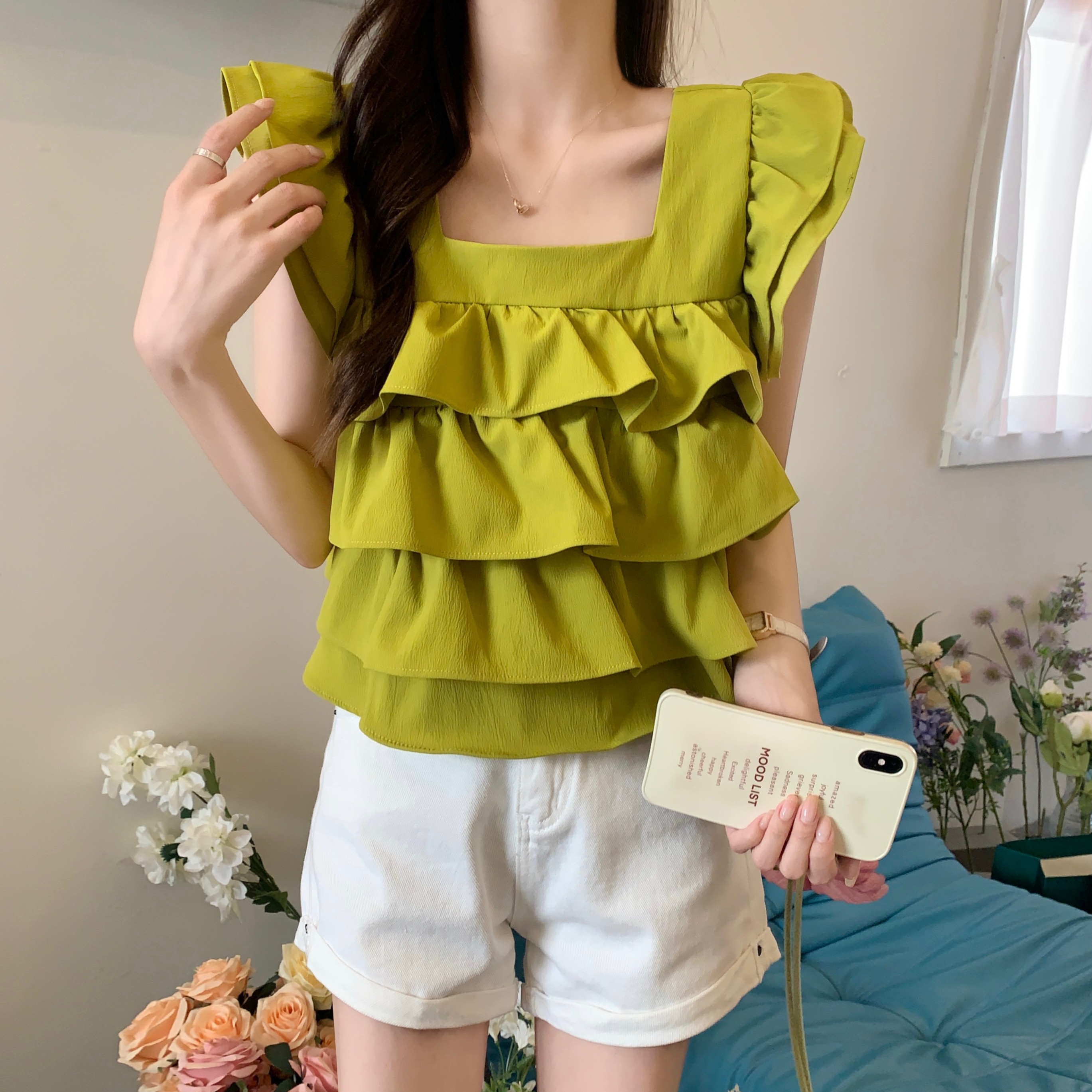 Real shooting, real price, original 7 colors, sweet temperament, ruffles flying, Western collar cake sleeveless vest chiffon shirt