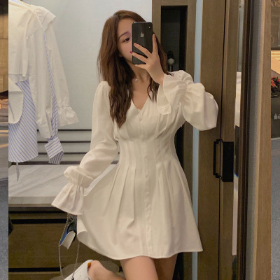 Dress 2021 new early autumn long sleeve retro Hong Kong Style medium length white shirt skirt with thin waist