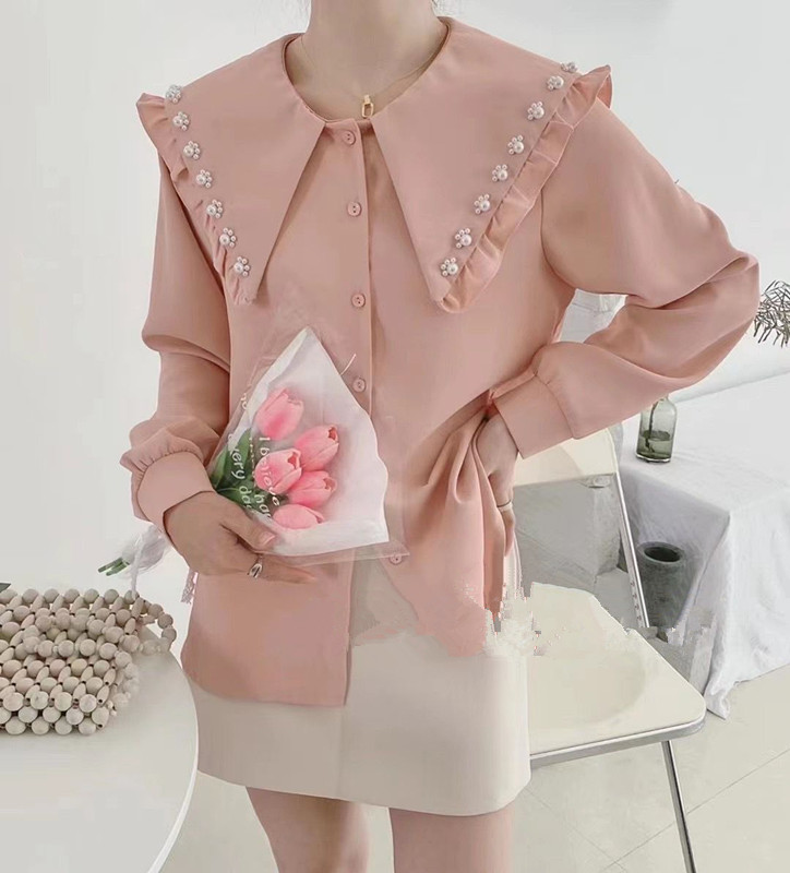 French air nail bead doll Collar Shirt New Women's bubble sleeve shirt in spring